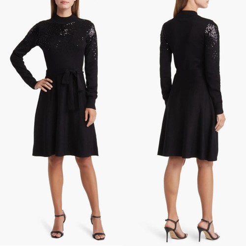 NEW VINCE CAMUTO Black SEQUIN Belted LONG SLEEVE Sweater Fit & Flare DRESS S - Picture 1 of 15