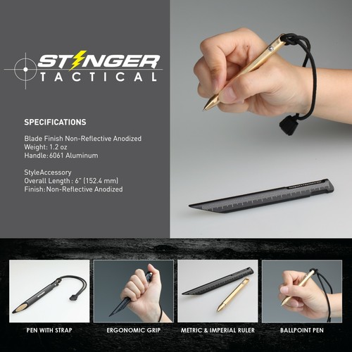 Pluma de escritura táctica de aluminio para bolígrafo, regla métrica e imperial, punta de presión - Imagen 2 de 10