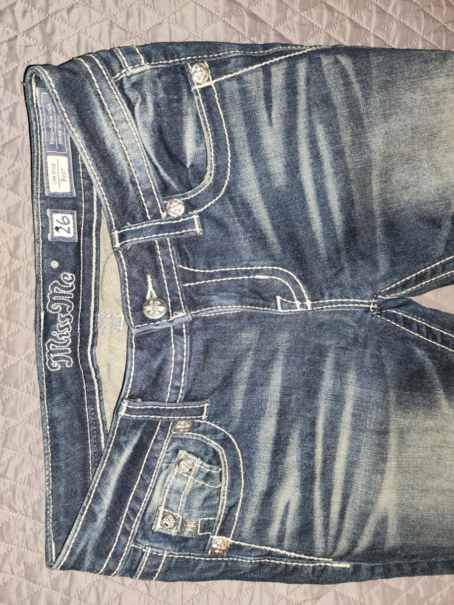 Jeans Miss Me Boot Cut Taille 26 - Lavage Moyen, Brodé Cristaux, Occasion Très Bon état