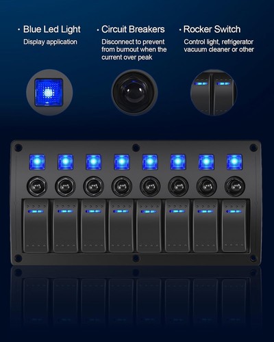 Toggle Switch Panel 8 Gang Waterproof Rocker Switches 12V/24V On-Off Blue LED... - Picture 6 of 10