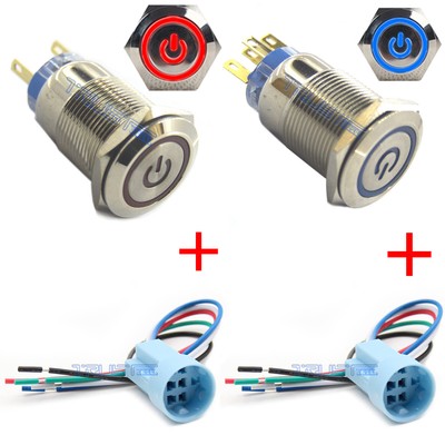 2PCS 19mm 12V Car Blue LED Metal Push Button Toggle Switch Socket Plug