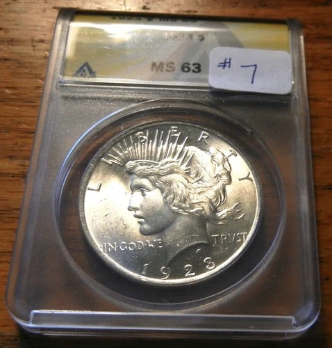 1923-P  $1 PEACE SILVER DOLLAR  "CLEAN CHEEK''  ANACS  MS - 63