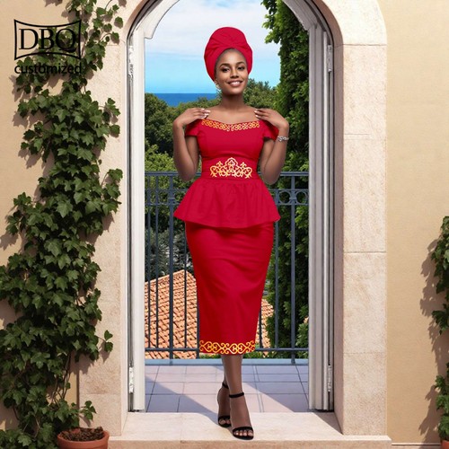 African Women Set 2 Pieces Short Sleeves Top Midi Slit Skirt Set with Headwrap - Picture 19 of 22