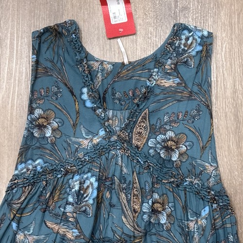 Free People Tunic Top Small Turquoise Blue Floral Bird Tiered Dress Boho NEW - Picture 10 of 12