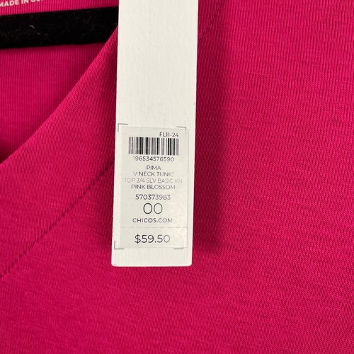 Neu mit Etikett Chicos Tunika Oberteil rosa Blüten 100 % Pima-Baumwolle V-Ausschnitt 3/4-Ärmel geknöpft XS - Bild 5 von 8
