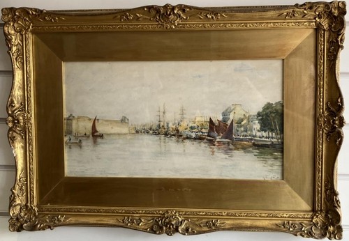 ANTIKES AQUARELL GEMÄLDE Belebter Hafen ARTHUR GEORGE BELL 1849-1916