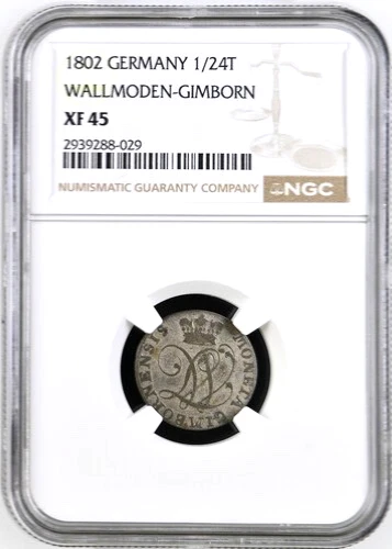 1802 German States Wallmoden Gimborn 1/24 Thaler, NGC XF 45, KM-C-1, Germany