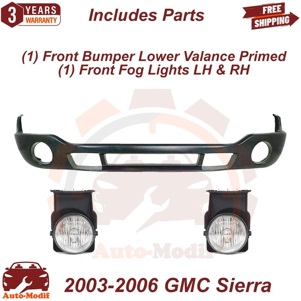 Front Bumper Lower Valance Primed & Fog Lights LH & RH For 2003-2006 GMC Sierra — 第 2/4 张图片