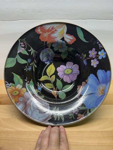 Mackenzie Childs Black Flower Market Servierschale 11,5" Emaille Metall große Schüssel