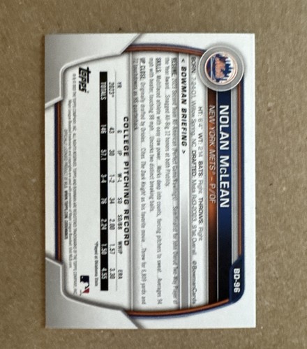 2023 Bowman NOLAN MCLEAN 1st rookie #BD-96 NEW YORK METS MLB Baseball RC card - Picture 6 of 10