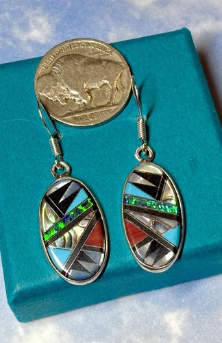 NAVAJO W. Feeney Sterling Silver Turquoise Opal Coral Multi-Stone 925 Earrings - Picture 4 of 4