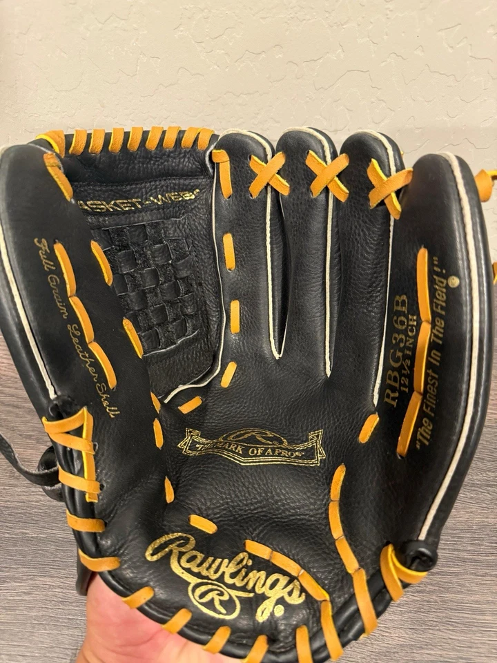 Rawlings RBG36B Baseball Glove 12.5” Basket Web – Black/Gold – Adult Outfield  - Image 2 of 4