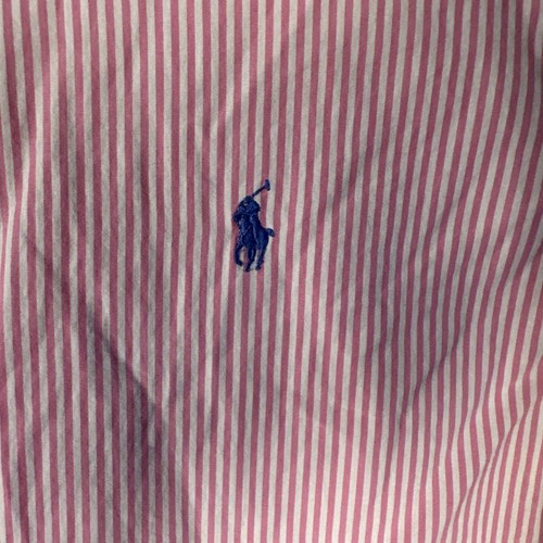 Ralph Lauren Herren Large Hemd Button Down Rosa Weiß Streifen Kurzarm Pony - Bild 3 von 9