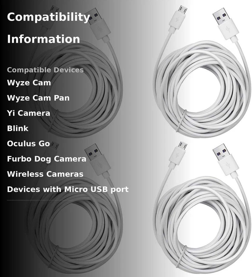 4 Pack 25ft Micro USB Extension Cable for Wyze Cam Blink Mini YI | Free Shipping - Image 3 of 4