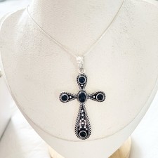 925 Sterling Silver Black Onyx Cross Necklace Handmade Gemstone Womens Jewelry