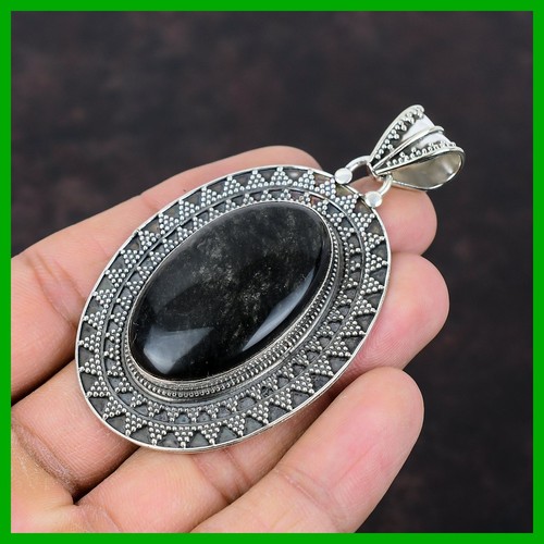 Sterling Silber Oval Natur Silber Glanz Obsidian Vintage Einfassung Anhänger Schmuck - Bild 4 von 7