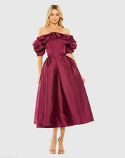 Mac Duggal 20706 Plum Puff Sleeve Off Shoulder Tea Length Gown Sz 14 NWT