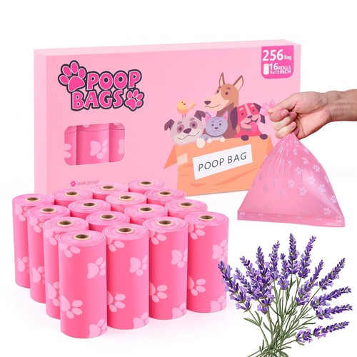 Poop Bags Rolls 256 Count - 9x13 Inches Pink Thickened Leakproof