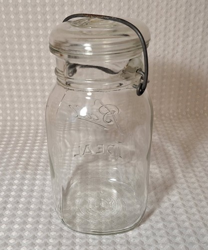Vintage Antique Ball Ideal Mason Jar Quart Clear Glass Wire Bail Top Lid - Foto 5 di 13
