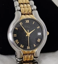 LADIES ESQ / MOVADO TU-TONE SWISS MADE QUARTZ BRACELET WRISTWATCH W/ BLACK DIAL