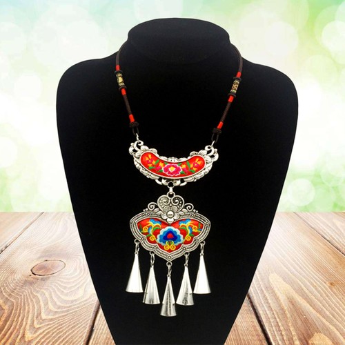 Ethnic Embroidery Necklace Embroidered Flower Pendant Necklace Statement Jewelry - Picture 3 of 12