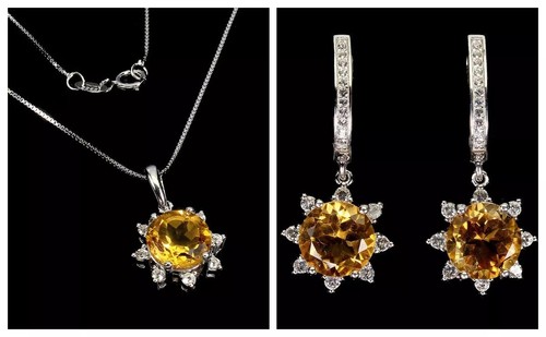 Silver Earrings Pendant Yellow Citrine Genuine Gems Solid Sterling With Chain - Picture 23 of 24