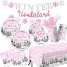 Winter Party Plates and Napkins,Pink Winter Wonderland Decorations Tableware ...