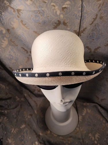 VINTAGE IMPORTINA BUCKET ART DECO WEISSER HUT MIT SCHWARZEN & WEISSEN PUNKTEN BORTE - Bild 6 von 13