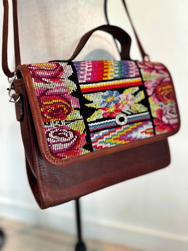 NWT Artisan Handmade Leather Crossbody Guatemalan Bag Brown and Huipil - Picture 3 of 23