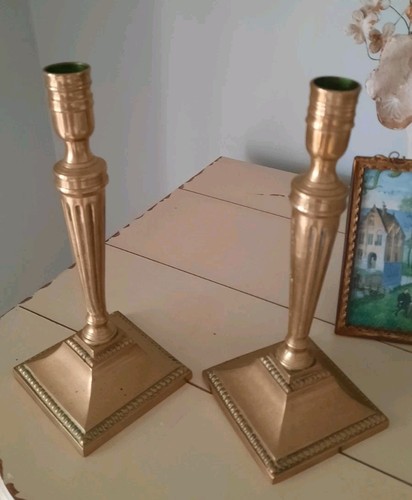 Pair of Antique Georgian Style BRASS CANDLESTICKS 9.5" Tall Fluted - Picture 2 of 12