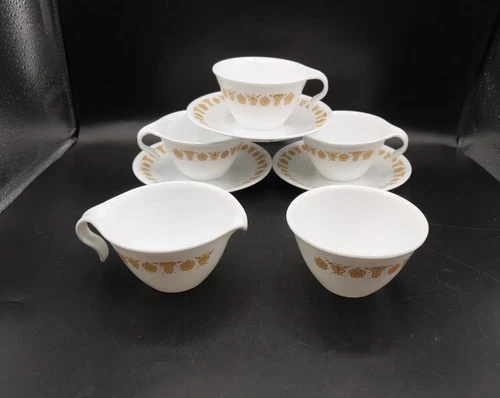 Vtg Corelle Corning Gold Butterfly Creamer & Sugar Bowl + 3 Cups & 3 Saucers