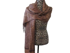 Pashmina and silk Scarf. gold and brown paisley print. brown fringe
