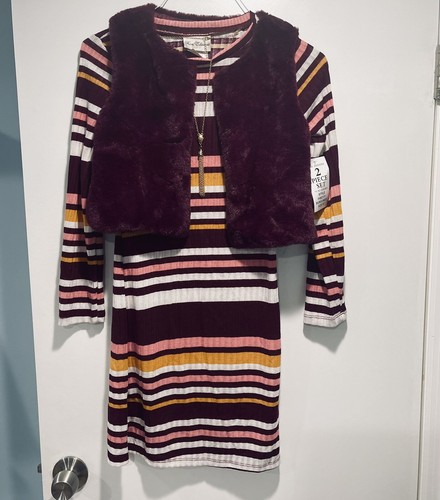 Neu mit Etikett seltene Editionen gestreiftes Kleid Set 3-teilig. Kunstfell Weste und Halskette Gr. 12 - Bild 1 von 5
