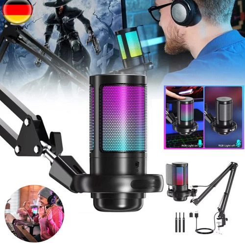 USB Gaming Mikrofon PC RGB Microphone Streaming Podcast Studio Kondensator Mic