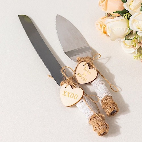 Natural Silver Stainless Steel Cake Serving Set KNIFE Server Jute Lace Party - Picture 3 of 9