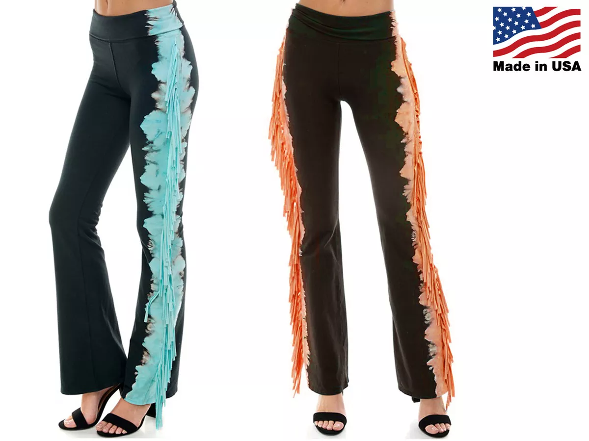 T Party Women's Colored Fringe Leg Yoga Pants Turquoise Orange Made in USA