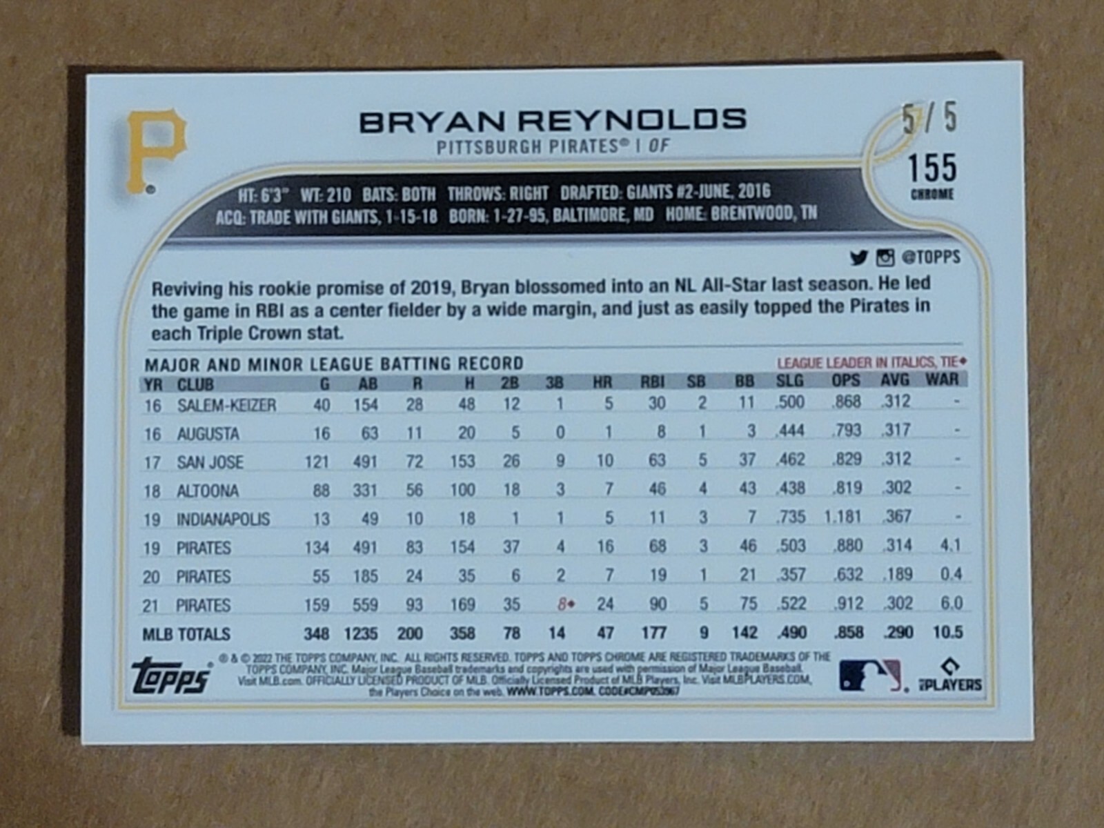 Carte de baseball réfracteur Bryan Reynolds 2022 Topps chrome ondes rouges 5/5 #155 - Photo 6 sur 10
