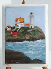 Oil on Canvas Lighthouse on the Ocean by Herbert Crooks Sealed 6.75 x 4.75 in