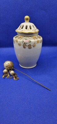Antique Porcelain Jar Lidded Slotted Raised Gold Painted Roses Hatpin Potpourri