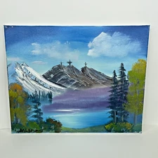 Oil on Canvas Painting Signed Student Art 16 x 20 Wooded Lake Mountain Crosses
