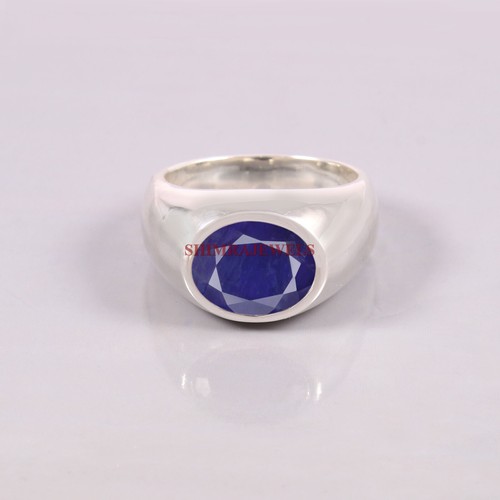 Heated Blue Sapphire Gemstone With 14K White Gold Plated Silver Men's Ring #397 - Picture 2 of 8