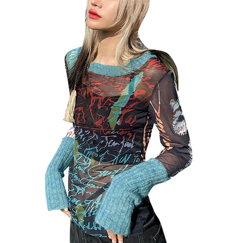 Damen Rundhals Pullover Langarm Netz Druck Freizeit Oberteil T-Shirt - Bild 5 von 13