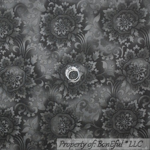 BonEful Fabric Cotton Quilt Black Gray Flower Toile Damask Spring Summer 1 SCRAP