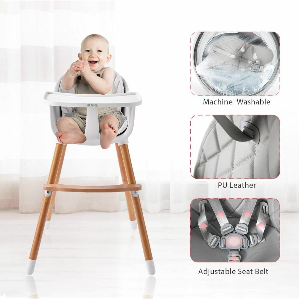 IKARE Wooden Natural Baby High Chair W/ Removable Tray & Safety Harness, 3-in-1 Popularne akcje