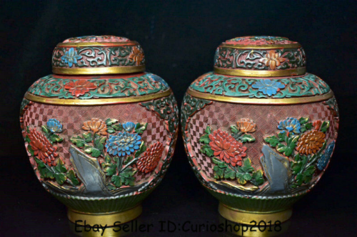 6.8" Old China Qing wood lacquerware painting Dynasty Flower Pot Jar Crock Pair - Picture 1 of 9