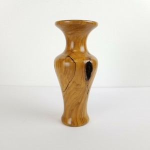 Vintage-Hand-Turned-Wood-Vase-Burlwood-Glass-Vial