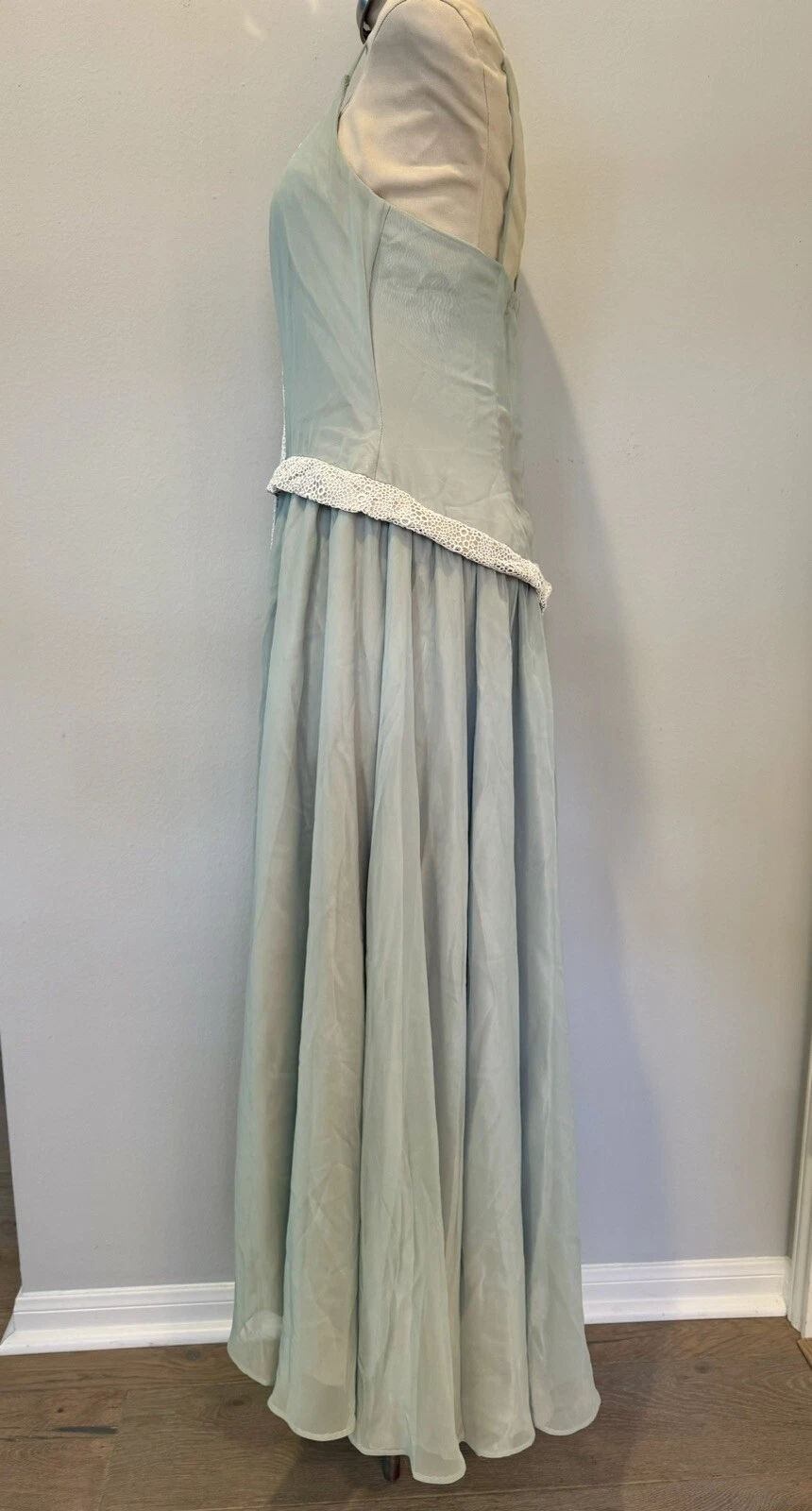 OFF WHITE Abito Midi fatto a mano vintage anni '90 XL cinturino flusso foderato in seta verde chiaro e bianco sporco