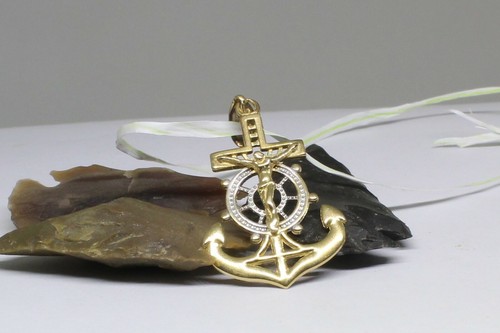 Gold Anchor Pendant 14K Solid Yellow/White Gold Beautiful Design with Crucifix - Picture 7 of 12
