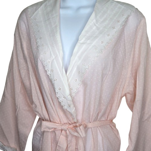 Vintage Full Length Pink Swiss Polka Dot Robe Collar Lace Trim Belt Cotton Large - Picture 6 of 12