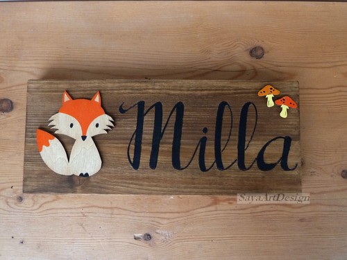 Decoración personalizada de zorro bebé para recién nacido. Letreros de madera grabados - Imagen 8 de 12